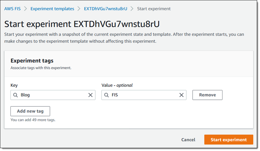 Następnie kliknij w Start experiment (możesz dodać tag jak w przykładzie):