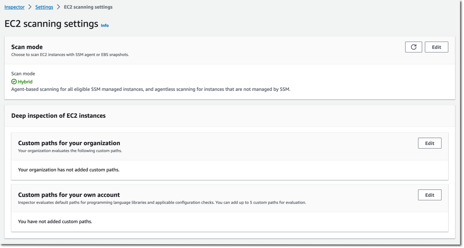 Aby rozpocząć, włącz skanowanie hybrydowe w ustawieniach EC2 scanning w sekcji Amazon Inspector w konsoli zarządzania AWS Management Console. Tryb hybrydowy oznacza, że Amazon Inspector w dalszym ciągu korzysta ze skanowania opartego na agencie SSM w przypadku instancji zarządzanych przez SSM i automatycznie przełącza się na tryb bezagentowy w przypadku instancji, które nie są zarządzane przez SSM.