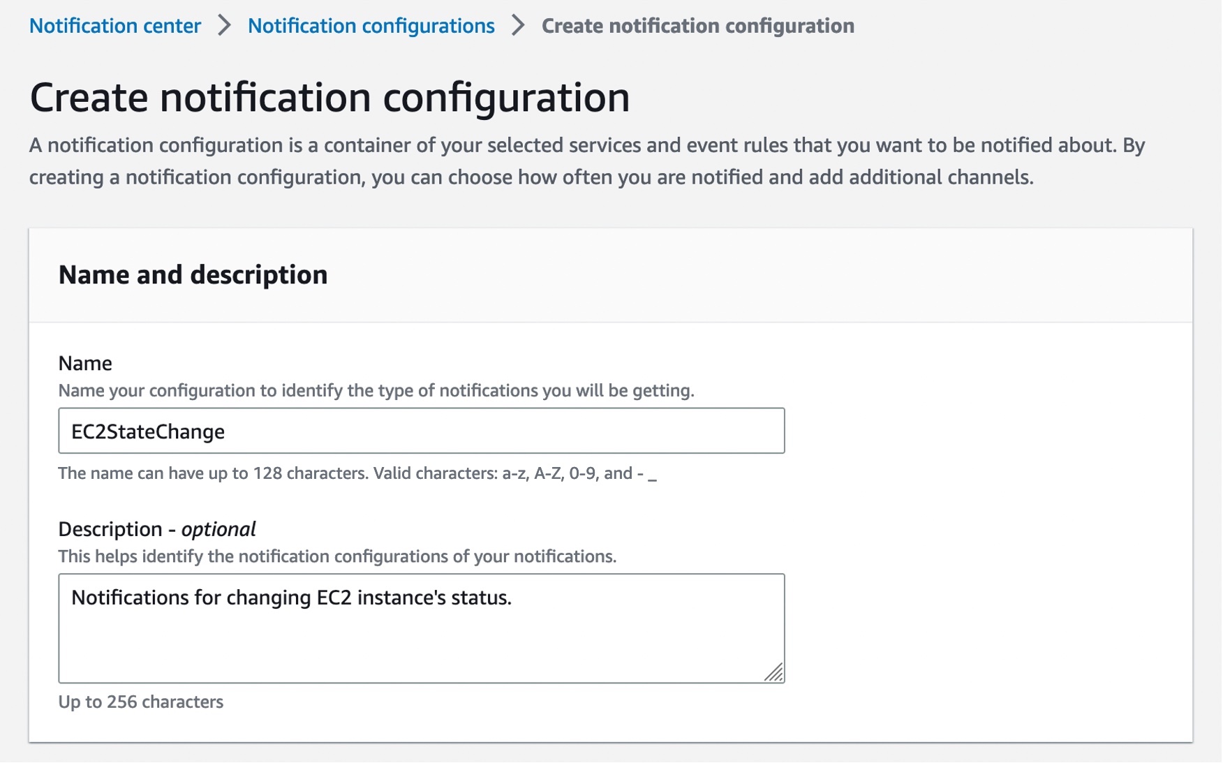 Następnie wprowadź nazwę i opis swojej konfiguracji. Oto przykład, aby uzyskać wszystkie powiadomienia o zmianach stanu instancji Amazon EC2.