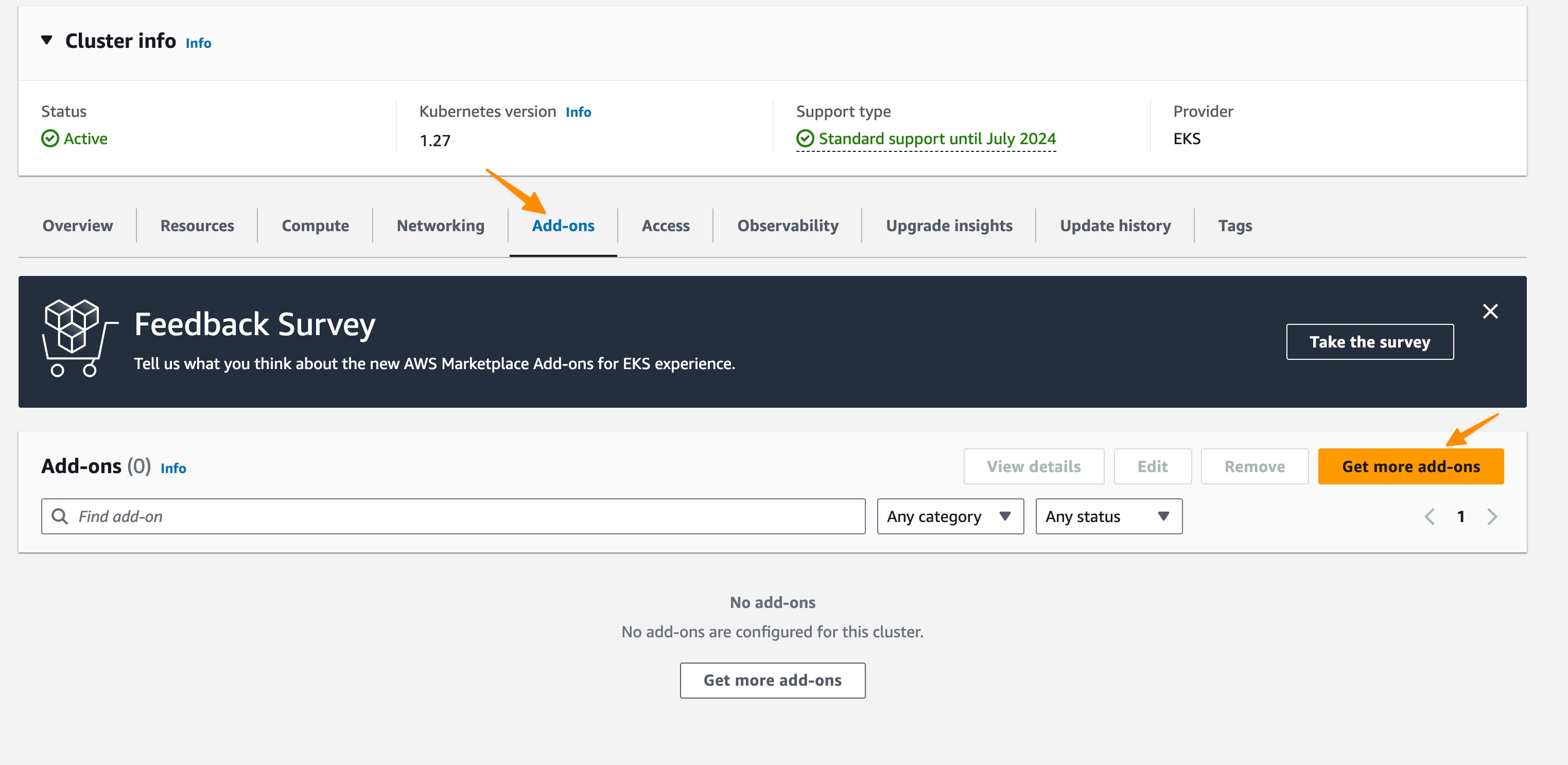 Na stronie klastra EKS musisz wybrać zakładkę Add-ons , a następnie opcję Get more add-ons.