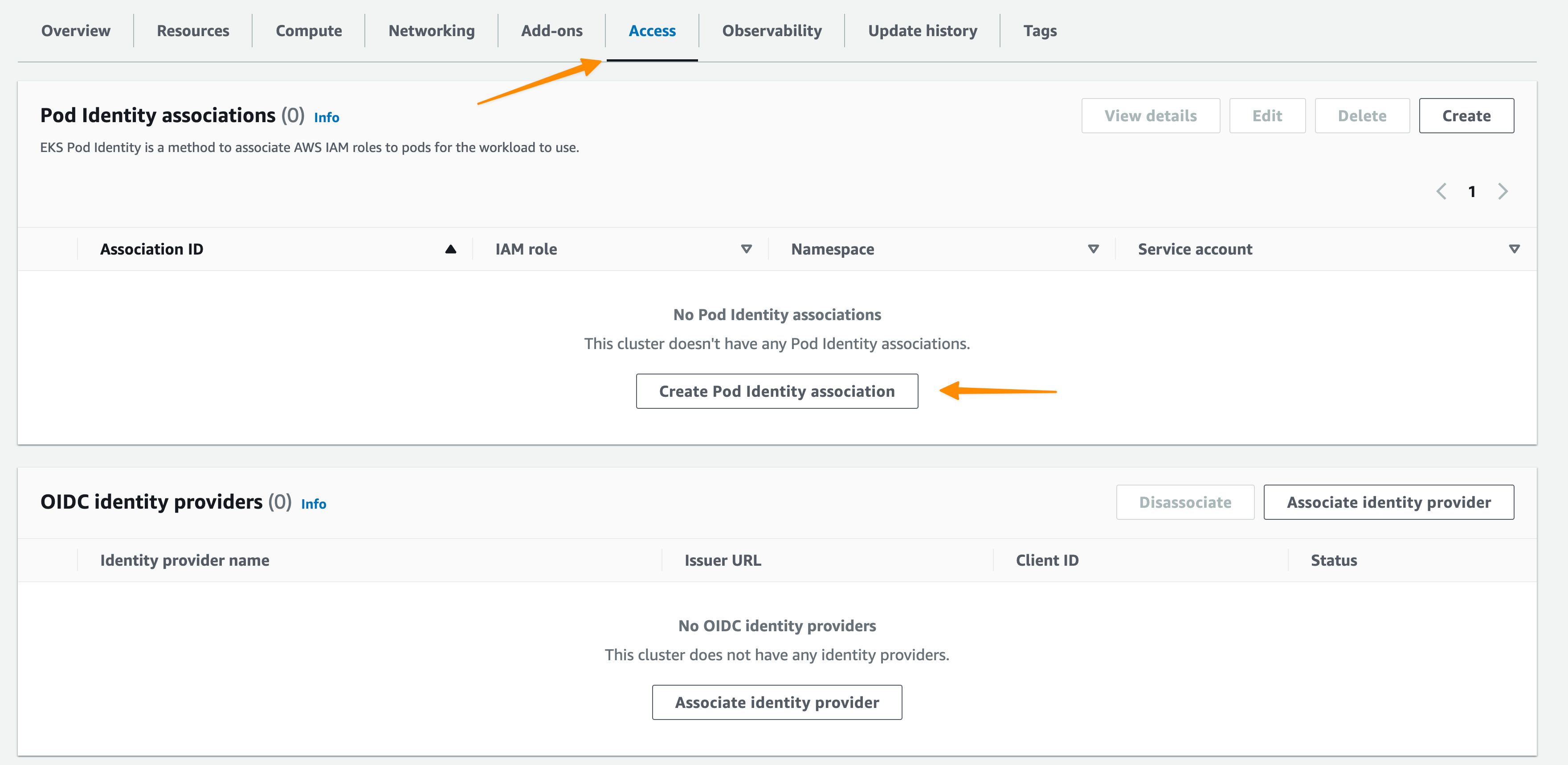 Następnie trzeba przejść do zakładki Access w klastrze EKS. W Pod Identity associations wybierz opcję Create Pod Identity association, aby zmapować swoją rolę IAM na pody Kubernetes.