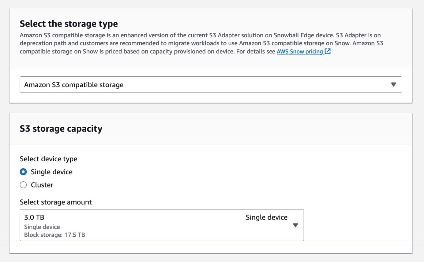 Wybierz pamięć zgodną z Amazon S3, nową opcję dla pamięci zgodnej z S3. Bieżące rozwiązanie adaptera S3 jest na etapie wycofywania i zaleca się migrację obciążeń w celu korzystania z pamięci masowej zgodnej z Amazon S3 w systemie Snow.