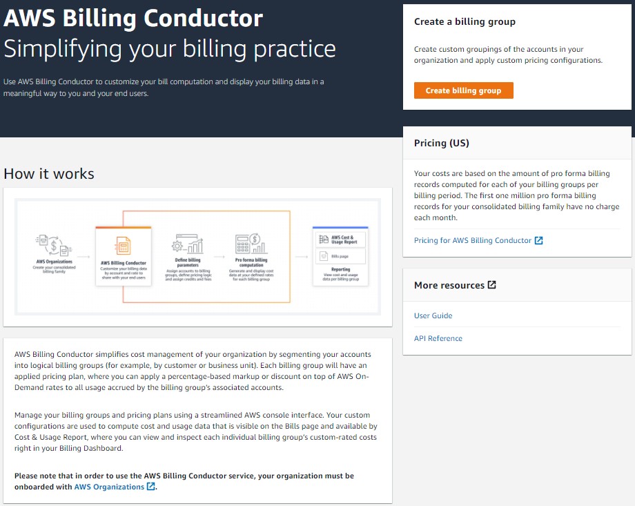 I Utwórz grupę rozliczeniową Możesz przejść do AWS Billing Conductor w sekcji AWS Cost Management w konsoli zarządzania lub wyszukując „AWS Billing Conductor”. Na stronie docelowej AWS Billing Conductor kliknij „Utwórz grupę rozliczeniową”.
