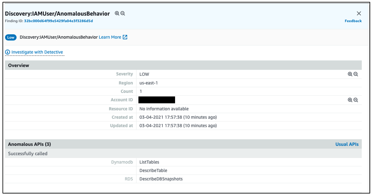 Wykrywanie: widok sekcji IAMUser/ AnomalousBehavior finding Anomalous APIs