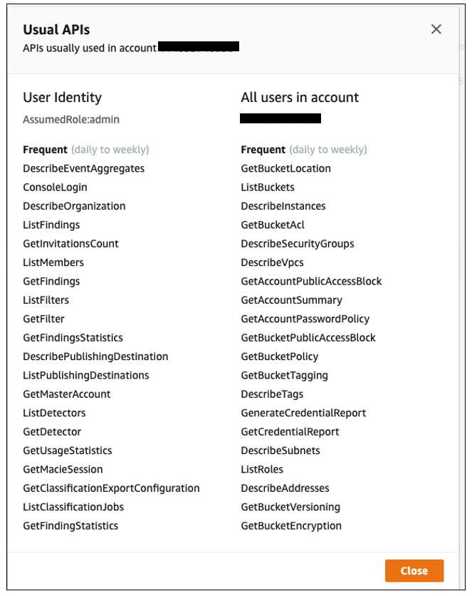 Discovery:IAMUser/AnomalousBehavior okno dialogowe zwykłych interfejsów API