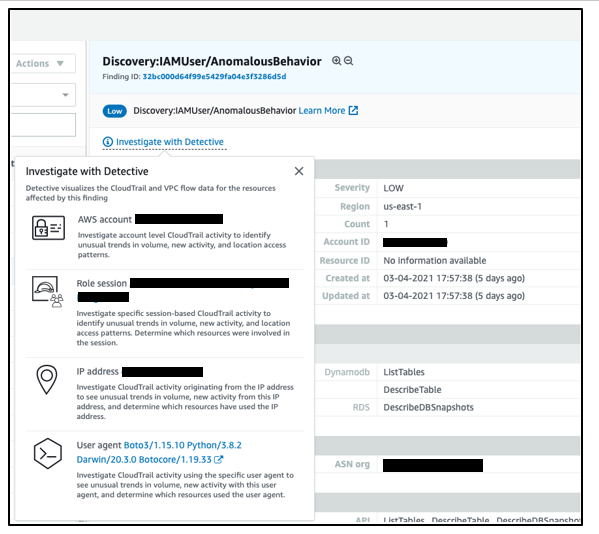 Discovery:IAMUser/AnomalousBehavior rozpoczynanie dochodzenia Amazon Detective