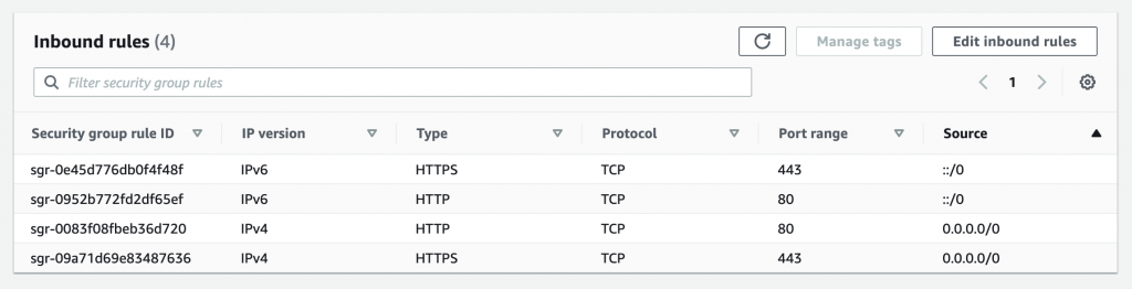 W konsoli EC2 utwórz grupę bezpieczeństwa, która umożliwia publiczny dostęp za pomocą protokołów HTTP i HTTPS (porty 80 i 443).