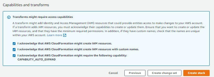 Acknowledge that you want to create various resources including IAM roles and policies and select Create Stack.