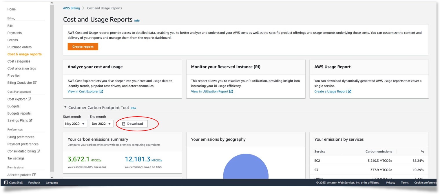 Customer Carbon Footprint Tool summary charts and the “download” button