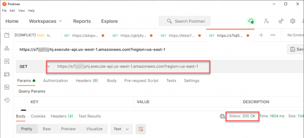 API endpoint, replacing <<region code>> with us-east-1: