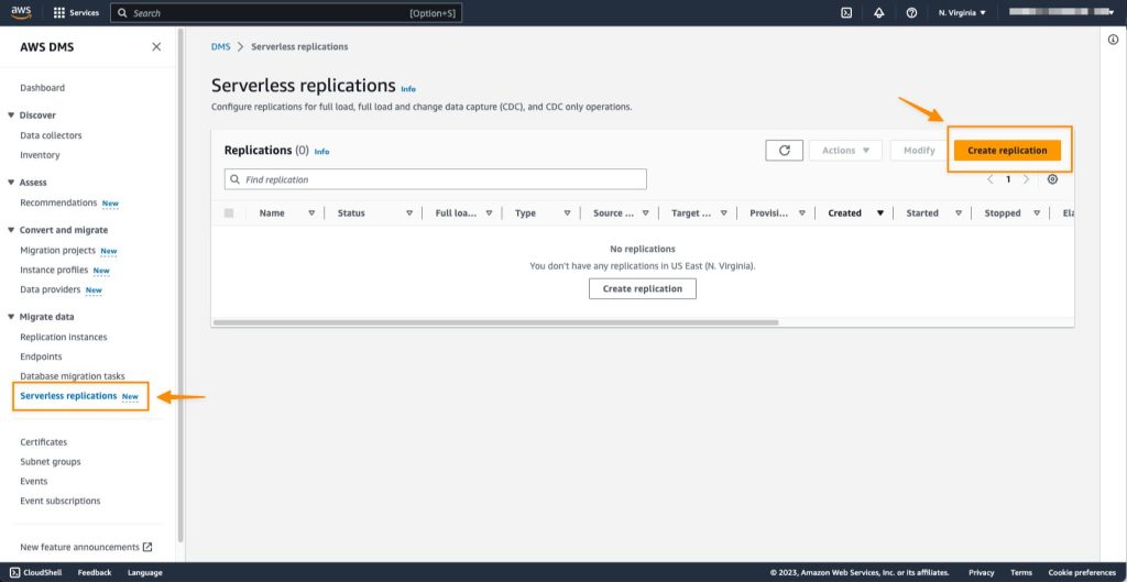 Po zakończeniu konfigurowania punktów końcowych można rozpocząć tworzenie replikacji, wybierając przycisk Create replication na stronie Serverless replications. Replikacja to nowa koncepcja wprowadzona w AWS DMS Serverless do abstrakcyjnych instancji i zadań, które zwykle mamy w standardowym AWS DMS. Dodatkowo zasoby pojemności są zarządzane niezależnie dla każdej replikacji.