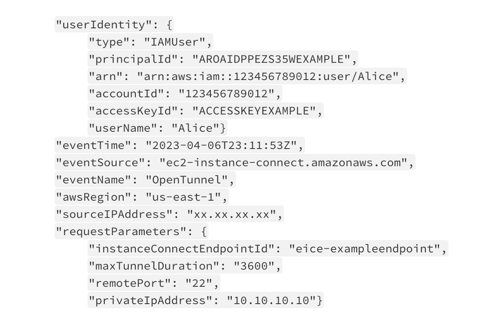 Partial CloudTrail entry for an SSH data-plane connection