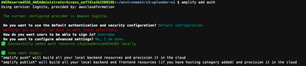 Rysunek 9: Widok polecenia amplifikuj dodaj auth po udzieleniu odpowiedzi na pytania