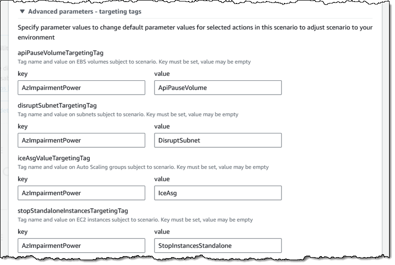 Advanced parameters – targeting tags pozwalają kontrolować klucze i wartości tagów, które będą używane do lokalizowania zasobów objętych eksperymentami: