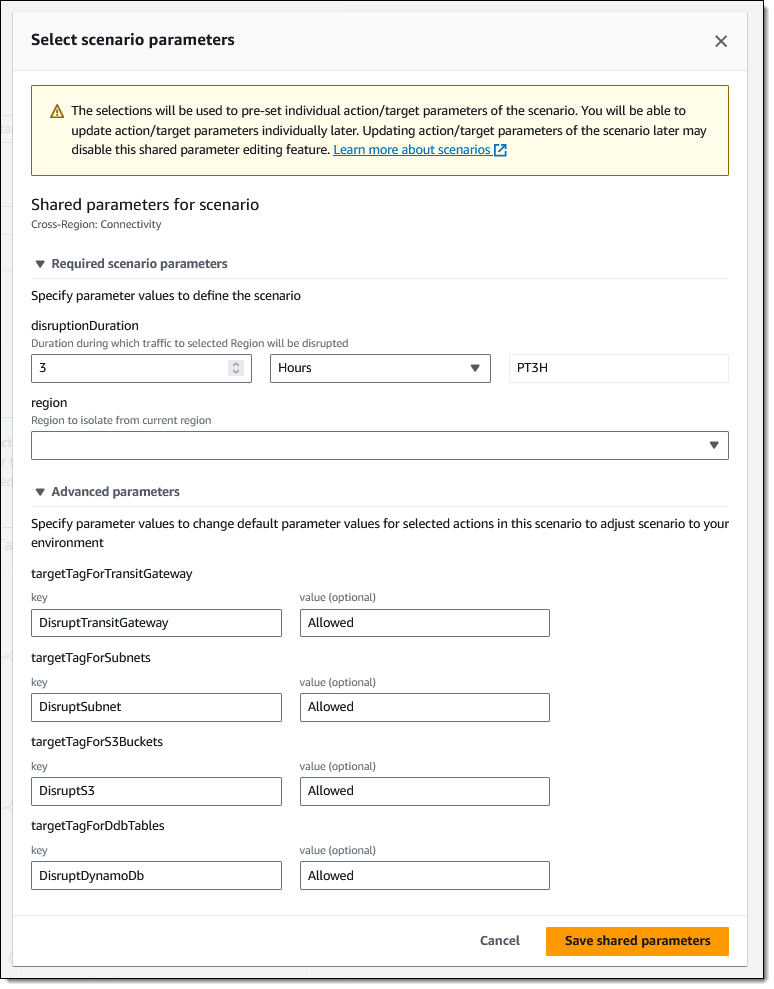 Ten scenariusz działa przez 3 godziny (chyba że zmienisz parametr DisruptionDuration) i izoluje region testowy od regionu docelowego w określony sposób, z zaawansowanymi parametrami do kontrolowania tagów używanych do wybierania zasobów AWS, których dotyczy problem, w izolowanym regionie:
