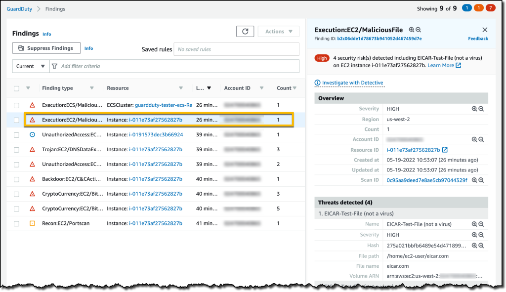 Testowanie wyników Malware Protection GuardDuty