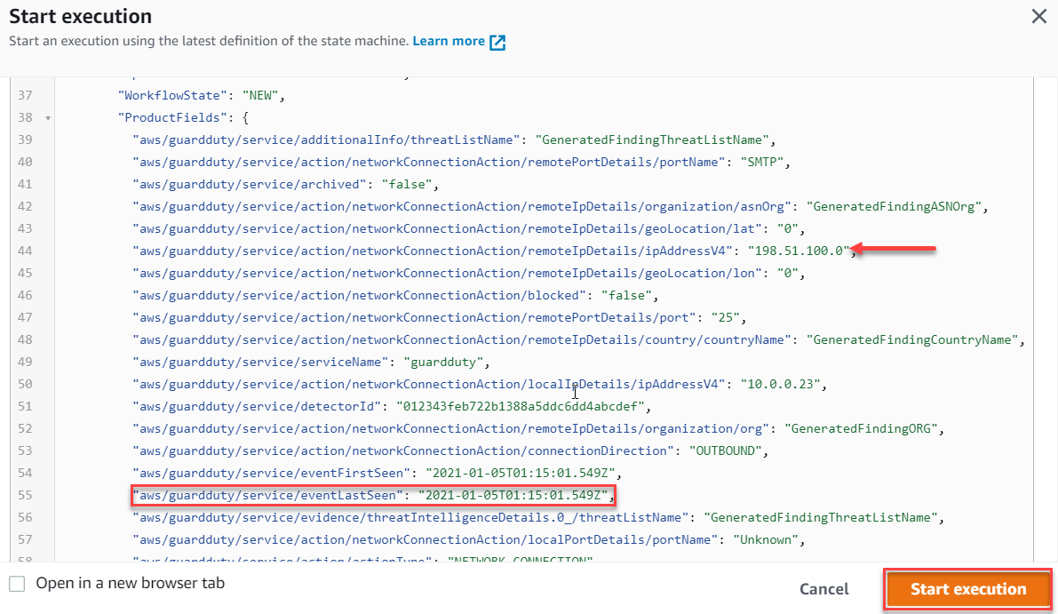 Przykładowe dane wejściowe dla wykonania Step Functions