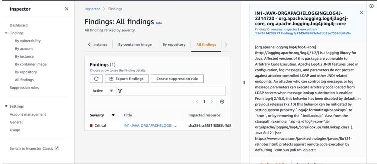 Log4j finding in the Inspector console