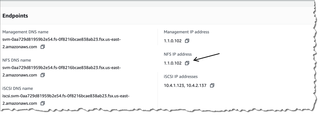 Location of the NFS IP address under the Storage virtual machines tab – AWS console