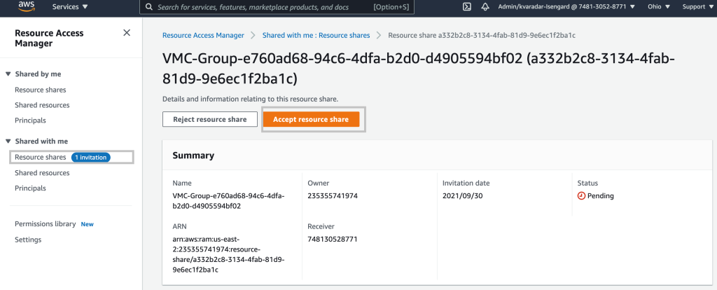 Resource Access Manager service page to access the Accept resource share button – AWS console