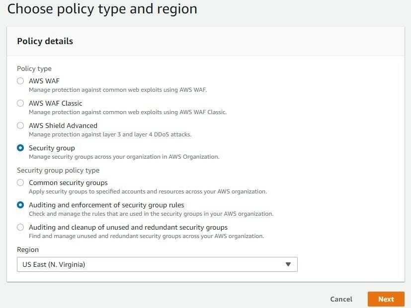 Wybór typu zasady oraz regionu w Firewall Manager 