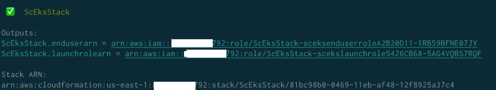 Gdy aplikacja cdk zostanie pomyślnie wdrożona, zobaczysz komunikat o zakończeniu z terminala. Znajdź ARN roli IAM o nazwie enduserarn, którą zakładasz, aby przetestować portfolio usług katalogowych:
