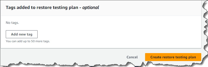 Tagowanie jest opcjonalne, więc na potrzeby tego testu nie dodano tagu. Zakończono konfigurację i nadszedł czas, aby wybrać opcję Create restore testing plan, aby kontynuować tworzenie planu testowania przywracania.