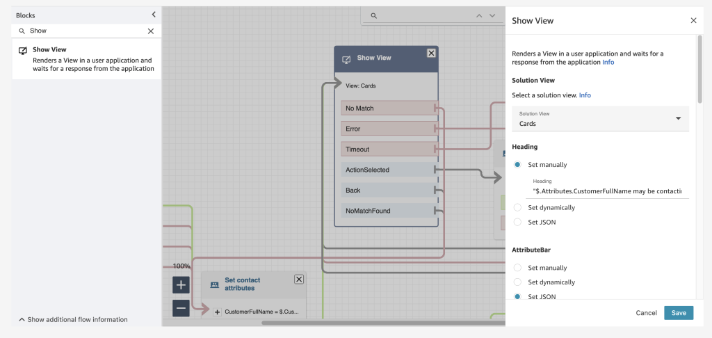 Example of the Show View block within the Contact Flow editor