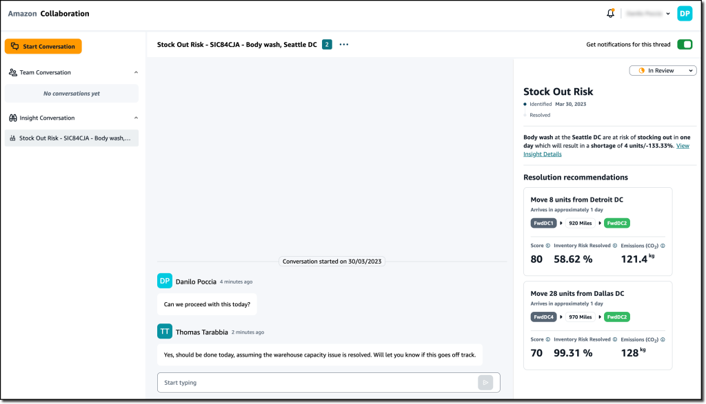 Otrzymasz odpowiedź tutaj, ale lepiej widzieć ją w całym kontekście. Wybierz Collaboration z okienka nawigacji. Znajdziesz tam wszystkie rozmowy rozpoczęte od spostrzeżeń (na razie jedna) oraz zalecenia dotyczące Stock Out Risk i rozwiązania, jak zaproponowano wcześniej. Wszystkie osoby współpracujące przy rozwiązaniu problemu mają jasny pogląd na problem i możliwe rozwiązania. W przyszłości ta rozmowa będzie dostępna wraz z kontekstem ryzyka i rozwiązania.